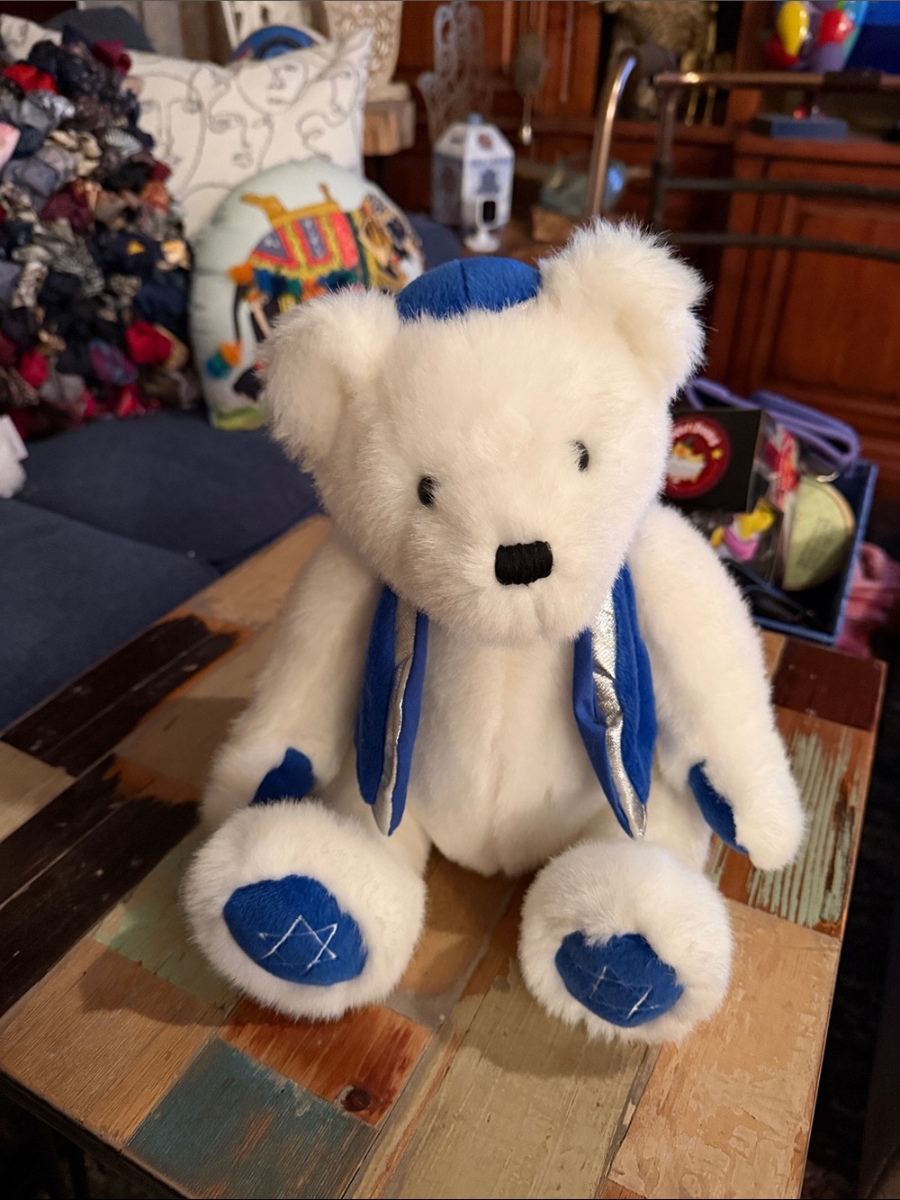 Plush White and Blue Teddy Bear Stuffed Toy with Star of David feet